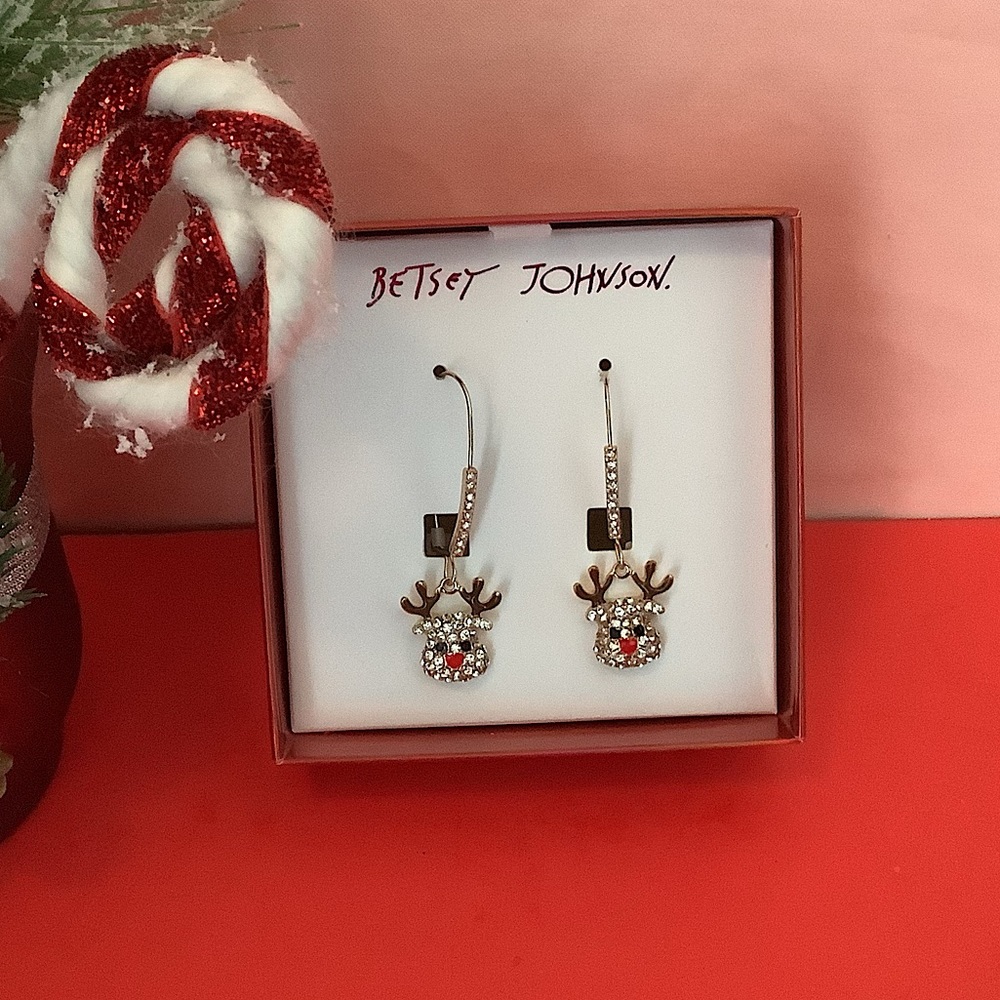 Betsey Johnson Christmas Reindeer Pave Dangle Earrings New In Box